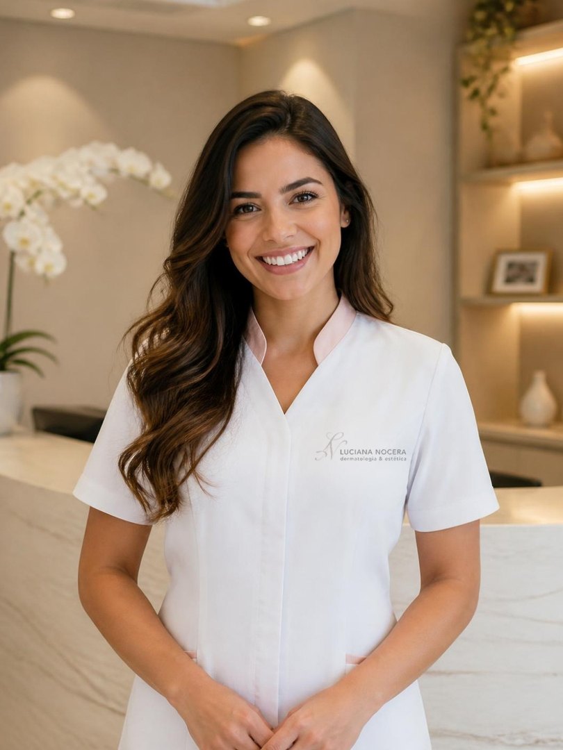 Clara, atendente digital, de uniforme branco com a logo da Luciana Nocera