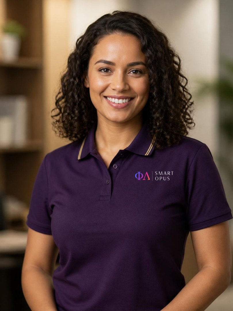 Mari, funcionária digital da Smart Opus, de polo roxo com a logo da Smart Opus